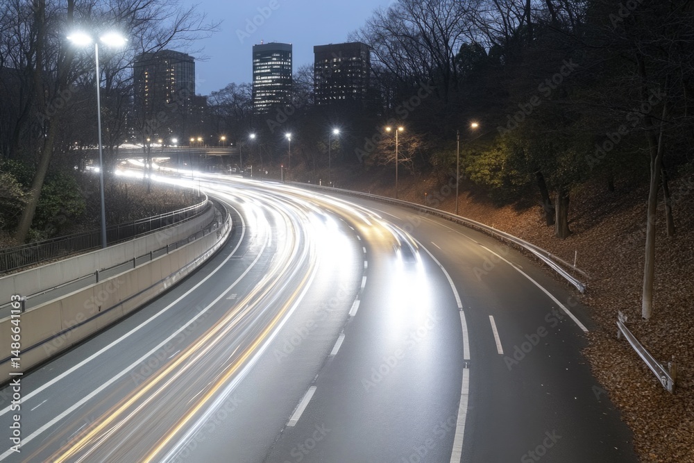Obraz premium Night highway: moving light, car streak, urban glow, long exposure, illuminated road, vibrant motion, cityscape blur, speeding effect, luminous scene, traffic energy.
