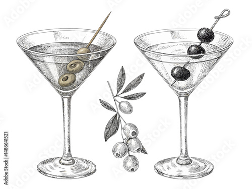Illustration of two martini glasses with olives and an olive branch on a white background