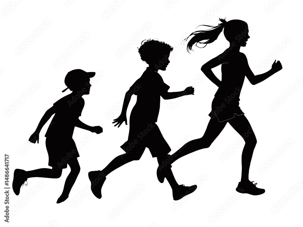 Fototapeta premium Silhouette depiction of three children running in a line on a white background in a playful manner