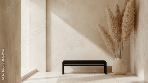 Neutral interior design with black bench and pampas grass
