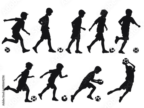 Silhouettes of boys playing soccer in various action poses with soccer balls on a white background scene