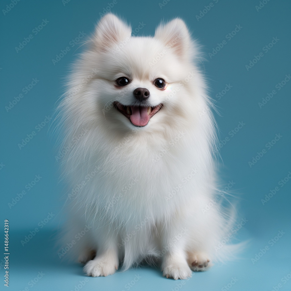 Obraz premium white Pomeranian dog portrait in blue studio background