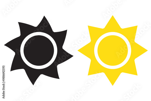 Sun with rays icon. Sun simple icons collection. Yellow and black sun icon set with white background.
