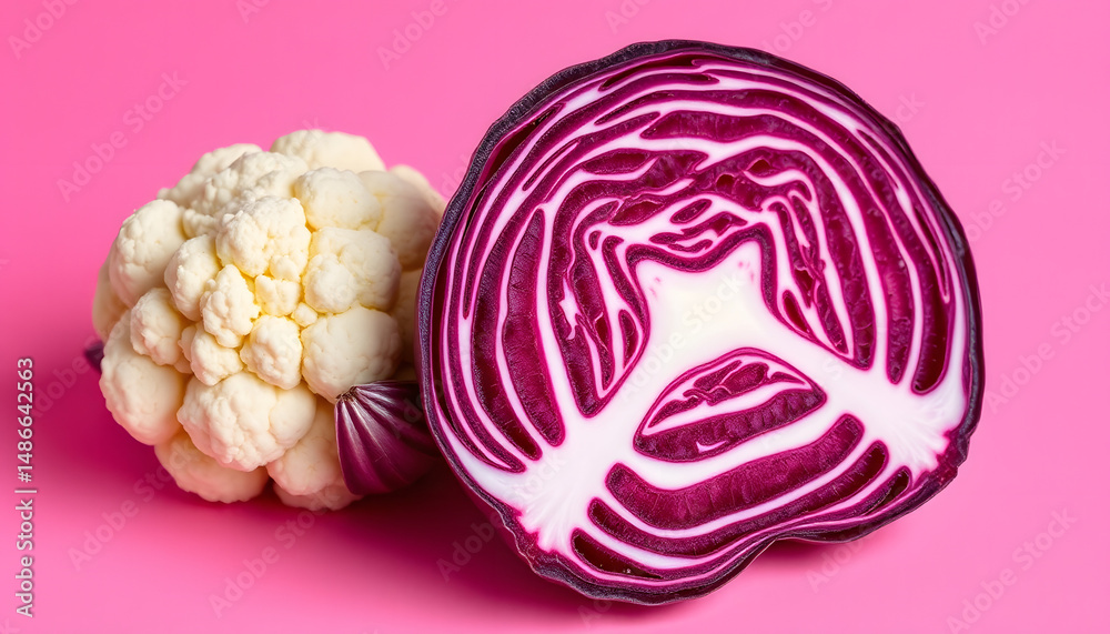 Fototapeta premium Fresh cauliflower and vibrant red cabbage on a bold, colorful backdrop. Simple seasonal produce in clean, minimalist style., minimalism. with white shades