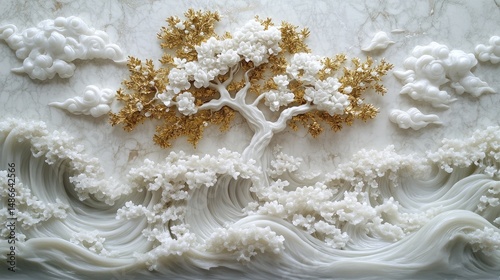 Intricate, sculpted scene of a tree and waves on a light stone surface.