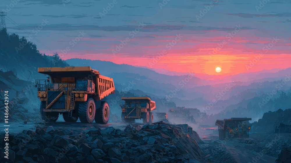Fototapeta premium Sunset Over a Mining Site with Heavy Machinery and Vibrant Skies