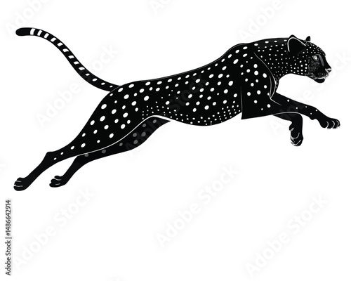 Illustration of a black leopard with white spots leaping forward in a dynamic pose on white background