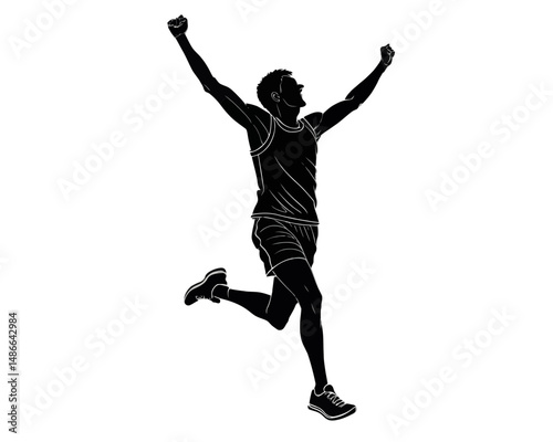 Silhouette of a triumphant male athlete running with arms raised in celebration against white background
