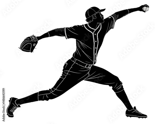 Silhouette of a baseball pitcher in mid throw with glove and ball in a black and white illustration