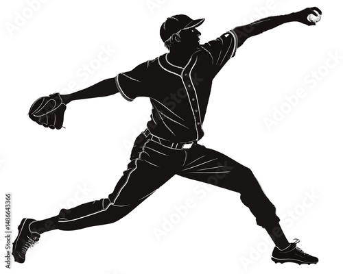 Silhouette of a baseball pitcher in mid throw with glove and ball in a white background image style