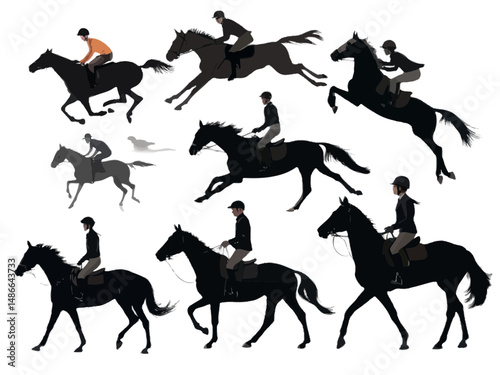 Silhouette illustrations of various horses with riders in different poses and positions shown together