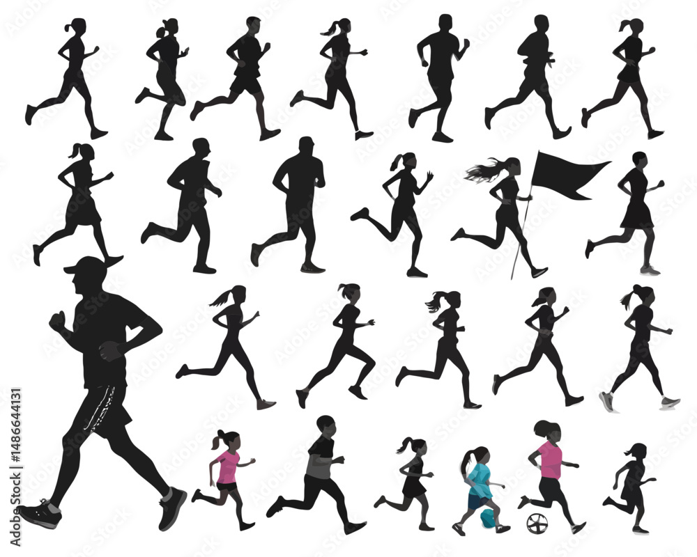 Silhouette illustration showing various people running including adults and children in different poses and styles Silhouette illustration showing various people running including adults and children in different poses and styles