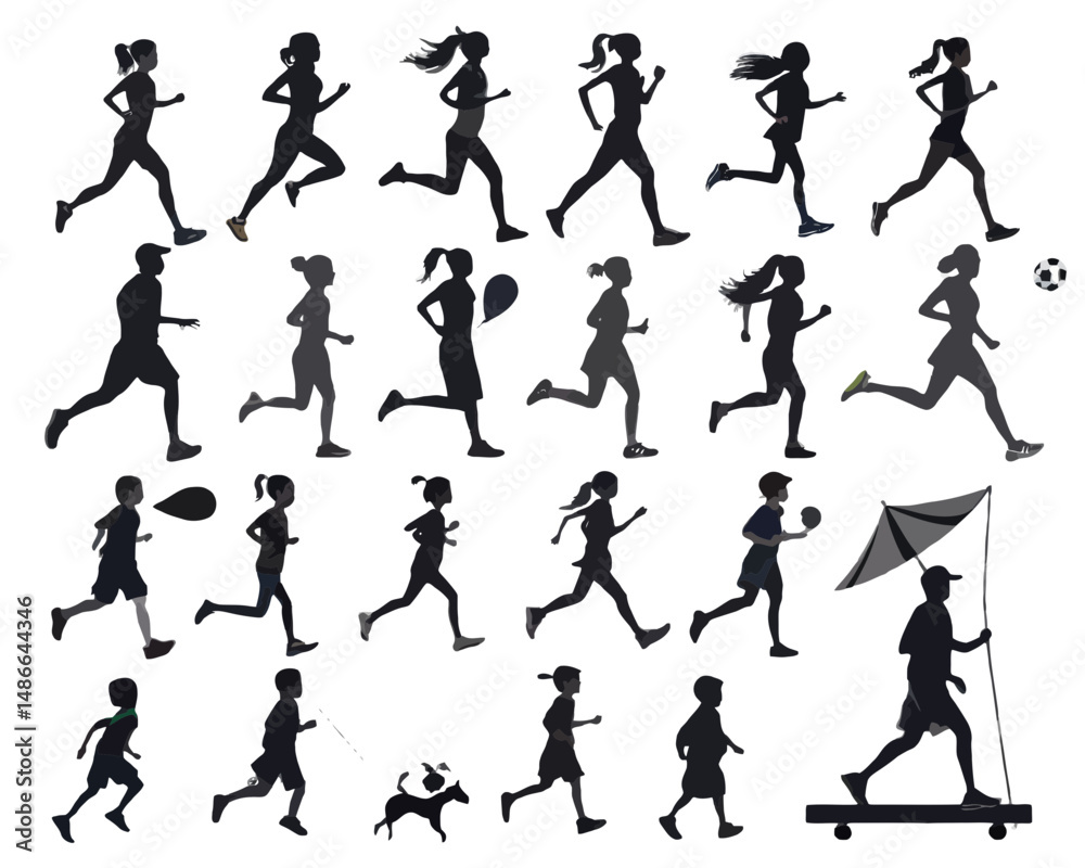 Silhouette collection of people running, walking, and playing with a ball and a dog in various poses Silhouette collection of people running, walking, and playing with a ball and a dog in various poses