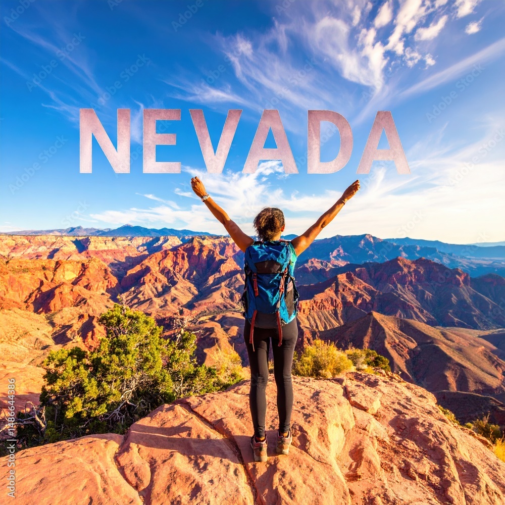 Obraz premium Young woman exploring nevada's stunning red rock canyons under clear blue sky