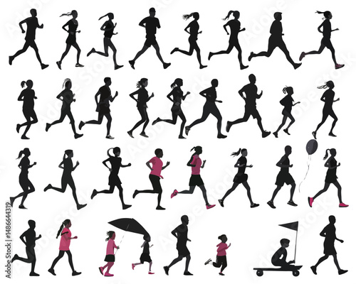 Silhouette illustration of group of people running and walking in various poses and activities outdoors