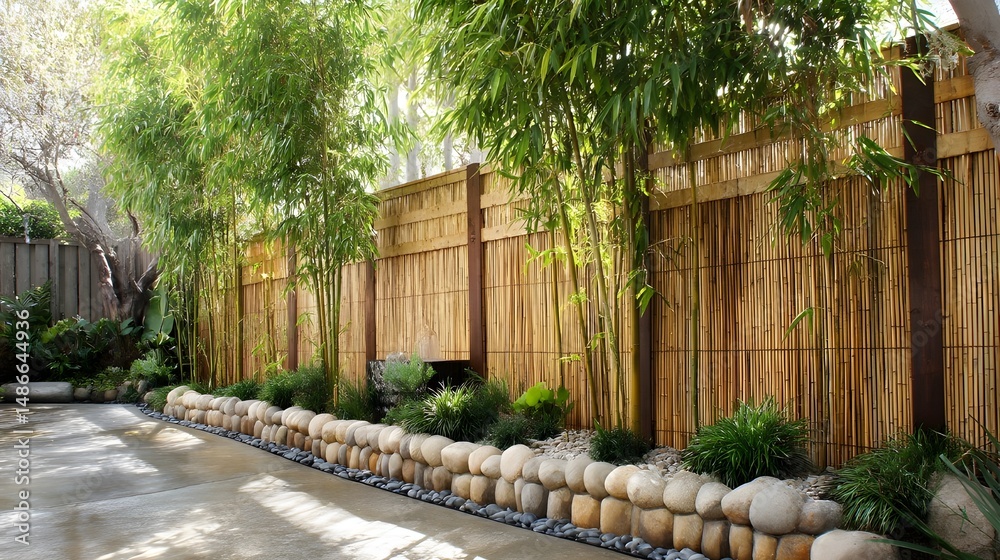 Naklejka premium Transform Your Outdoor Space with a Stunning Zen-Inspired Bamboo Fence Garden Oasis for Ultimate Tranquility