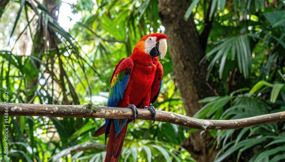 Obraz premium Scarlet Macaw in Tropical Rainforest: A vibrant scarlet macaw perches majestically on a tree branch amidst the lush greenery of a tropical rainforest.