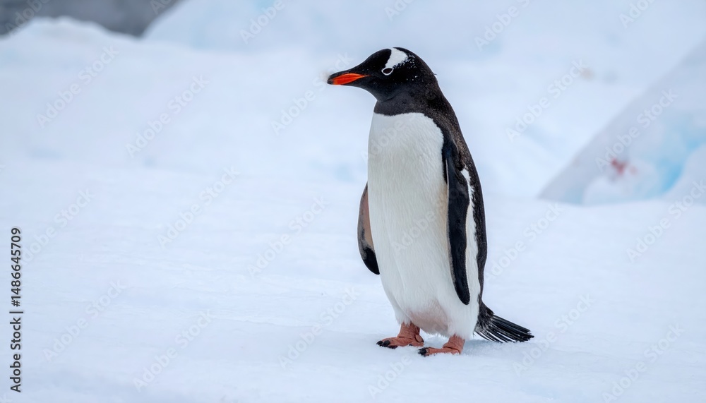 Naklejka premium Antarctic Majesty: A regal gentoo penguin stands proudly on a vast snowscape, its striking features and the frozen expanse creating a scene of stark, icy beauty.