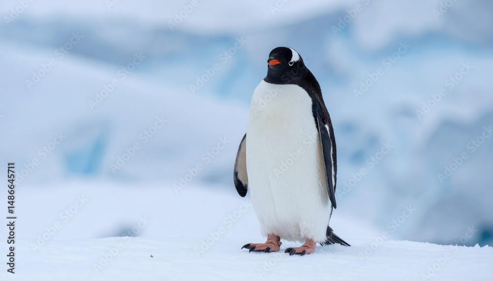 Obraz premium Gentoo Penguin in Icy Landscape: A portrait of a Gentoo penguin standing alone on the snowy landscape, gazing towards the horizon with the icy environment in background.