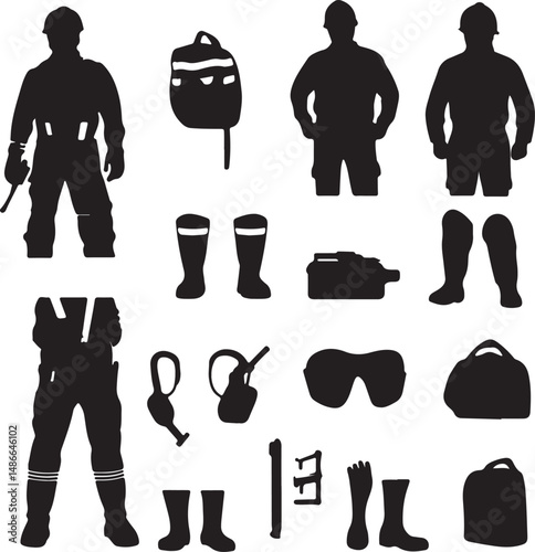 Silhouette Firefighter Gear and Equipment Collection Illustration