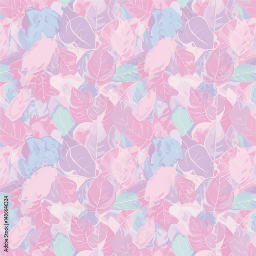 Seamless pattern of pastel-colored leaves (pink, purple, blue, and green). Light, soft colors create a gentle and floral design.