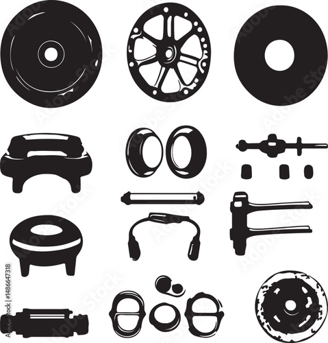 Black Bicycle Parts Silhouettes: Vector Illustration Set
