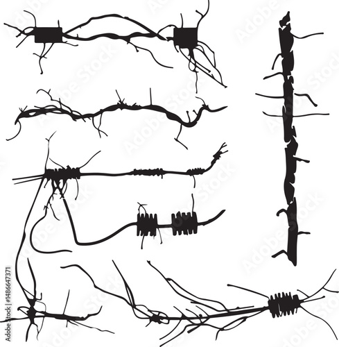 Black Barbed Wire Silhouettes: Fence Elements, Vector Art, Isolated
