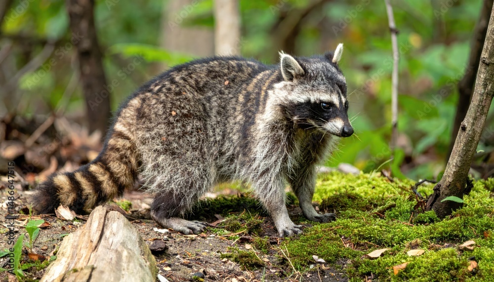 Raccoon in Forest: A North American raccoon with a distinctive black mask and ringed tail stands alertly amidst lush green moss and woodland foliage. Raccoon in Forest: A North American raccoon with a distinctive black mask and ringed tail stands alertly amidst lush green moss and woodland foliage.