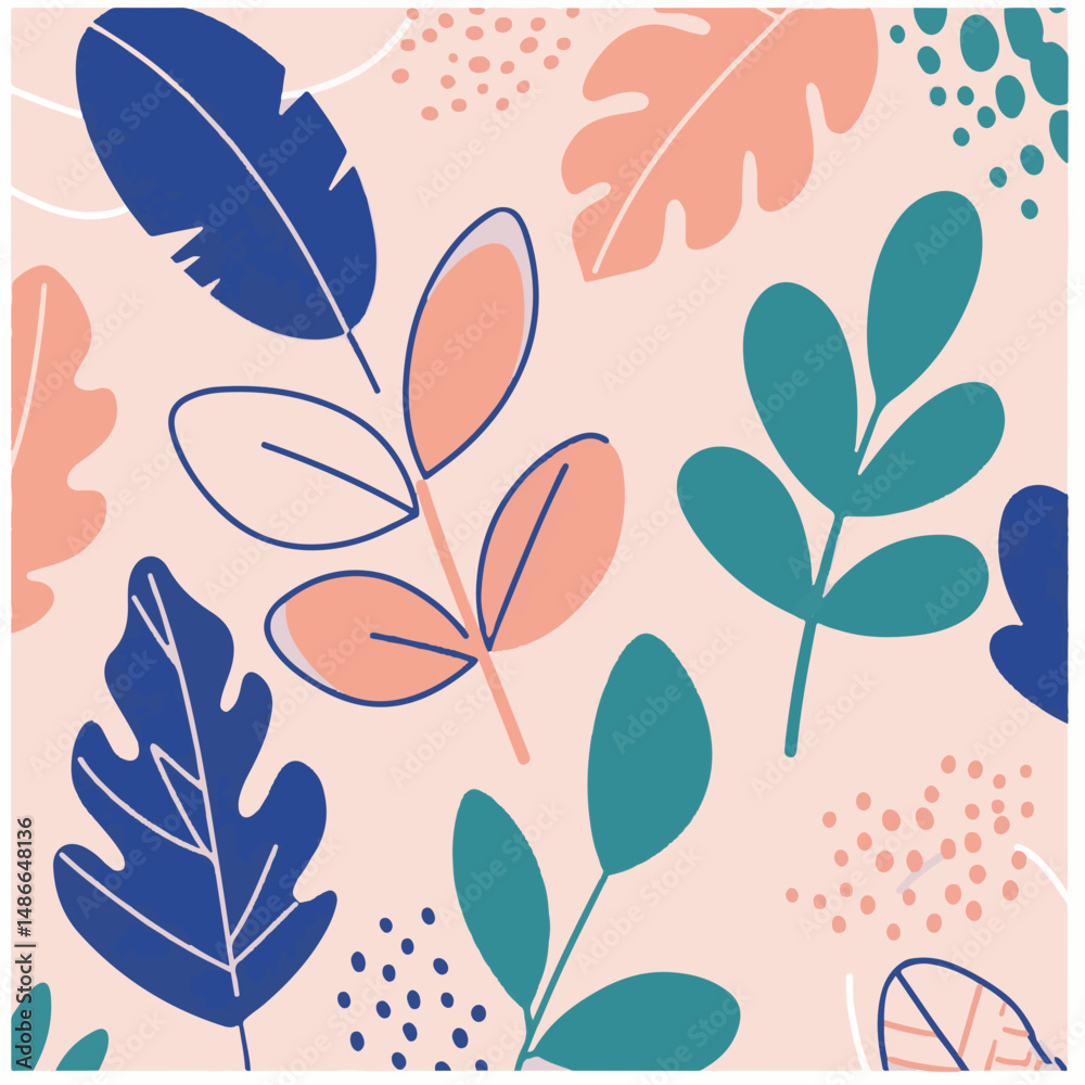 Modern floral pattern with stylized leaves in pink, blue, and green on a light pink background. Minimalist and contemporary design. Modern floral pattern with stylized leaves in pink, blue, and green on a light pink background. Minimalist and contemporary design.