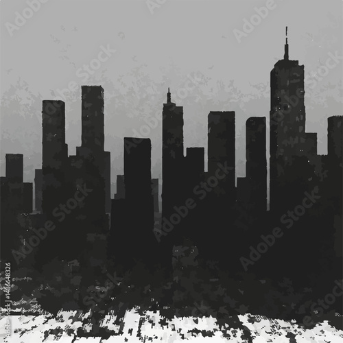 Monochrome cityscape with tall buildings, appearing pixelated or textured. A dense urban landscape under a gray sky, hinting at a bleak or futuristic setting.