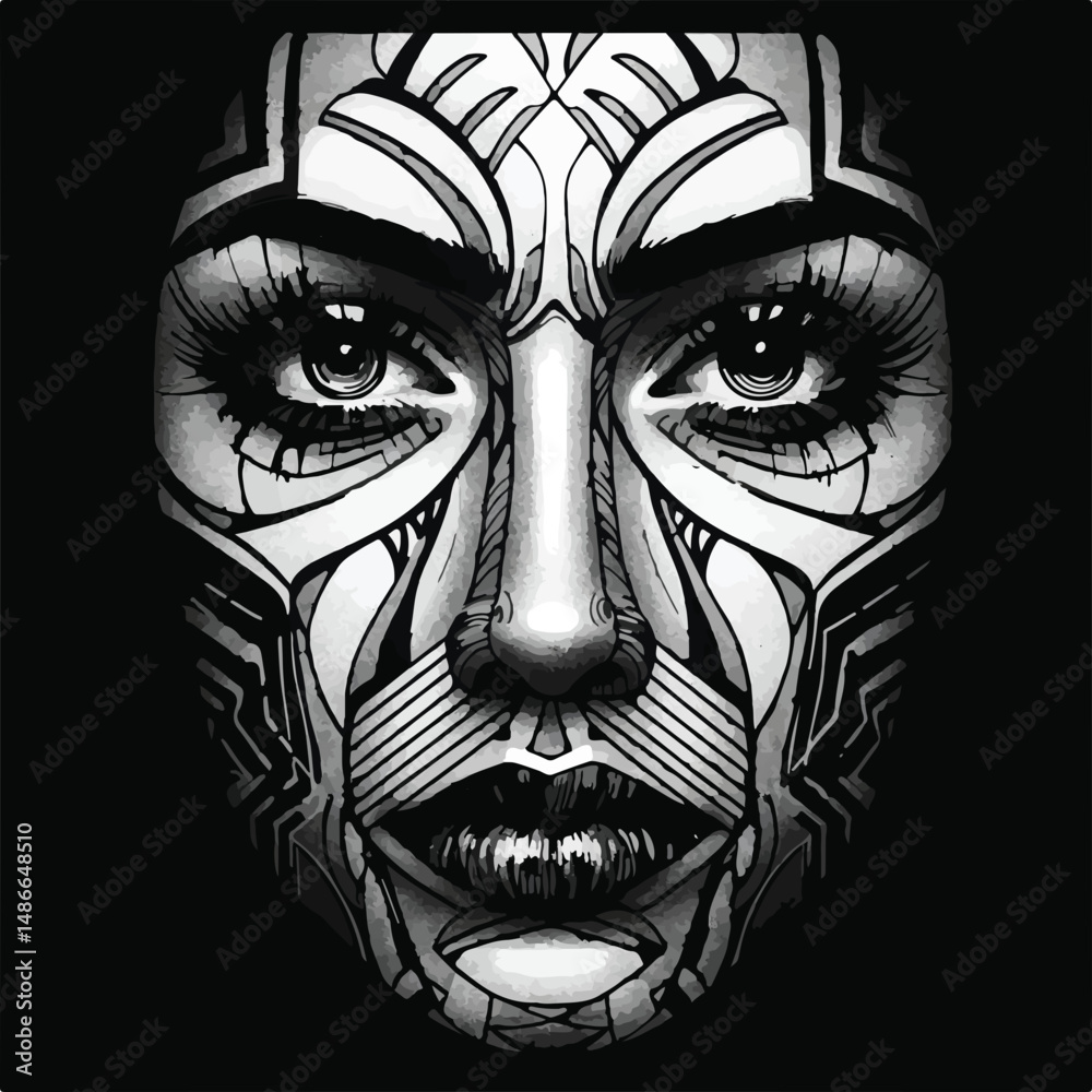 Striking monochrome art. A womans face is adorned with intricate geometric patterns, creating a mesmerizing abstract portrait against a black backdrop. Striking monochrome art. A womans face is adorned with intricate geometric patterns, creating a mesmerizing abstract portrait against a black backdrop.