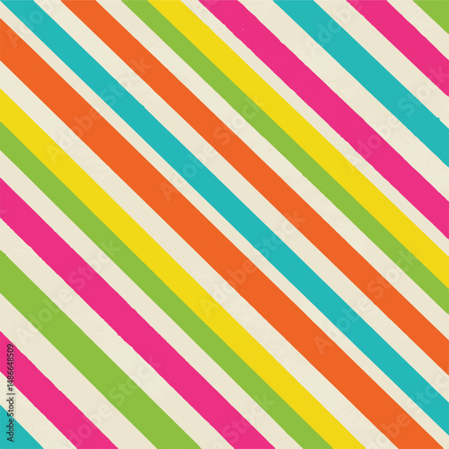 A diagonally striped background with bright colors: pink, green, yellow, orange, turquoise, and off-white. The stripes are of equal width and evenly spaced.