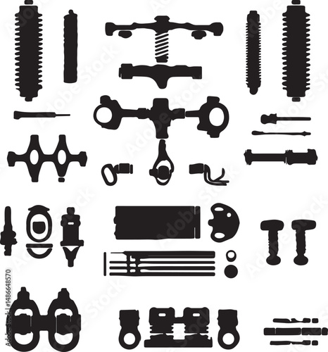 Black Silhouette Automotive Suspension Parts Set on White Background
