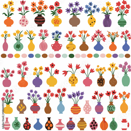 Colorful collection of cartoon flower arrangements. Various vase shapes/designs hold vibrant flowers. Color swatches included. Cheerful, playful style.