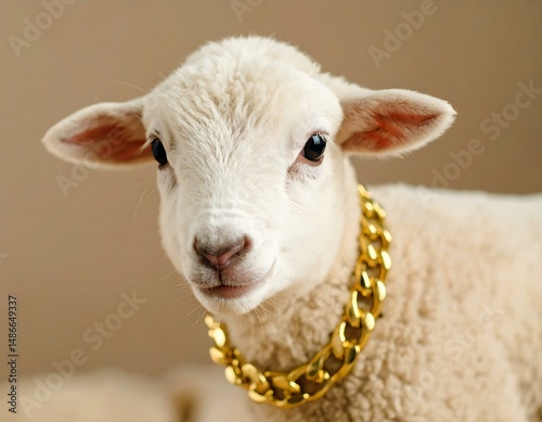 Adorable Lamb Wearing a Gold Chain Fluffy, Cute, Farm Animal photo
