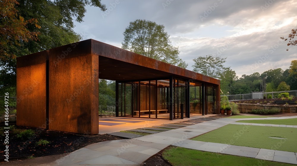 Experience a Modern Pavilion featuring Corten Steel Walls and Grass Tile Flooring for Industrial Chic Experience a Modern Pavilion featuring Corten Steel Walls and Grass Tile Flooring for Industrial Chic