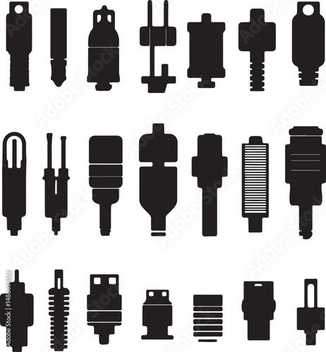 Black Silhouette Connectors: Various Electrical Plug and Socket Designs