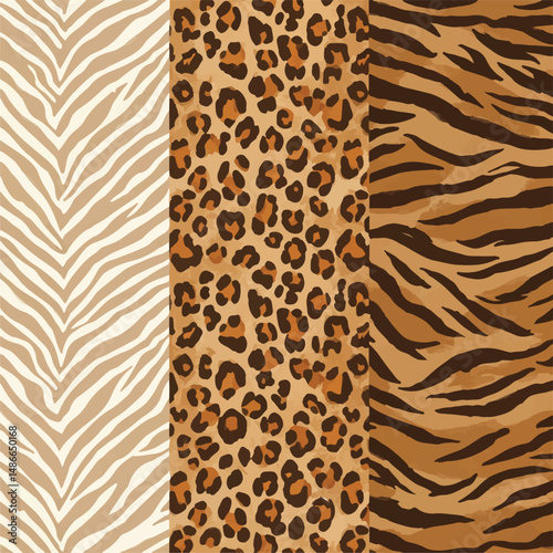 Collage of animal prints: zebra (beige stripes), leopard (brown spots), & tiger (dark brown stripes). Seamless patterns showcasing wildlife inspired textures.