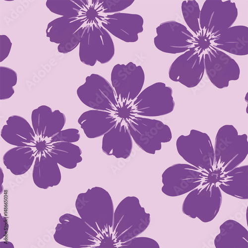 Floral pattern with purple, stylized flowers on a light pink background. The flowers have textured details and are arranged randomly.