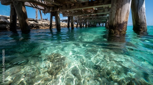 Immerse Yourself Under a Jetty in Bright Turquoise Waters Revealing Vibrant Marine Life Details Abound