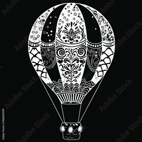 Intricate white line drawing of a hot air balloon on a black background. Detailed patterns adorn the balloon, creating a visually stunning illustration.