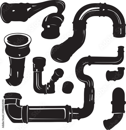 Black Plumbing Pipes Silhouettes: Vector Illustration Set