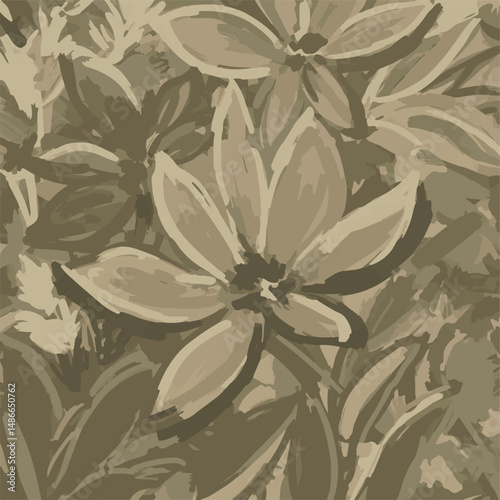 Monochromatic floral painting. The image features large, stylized flowers in various shades of tan and brown, with visible brushstrokes creating a textured feel.
