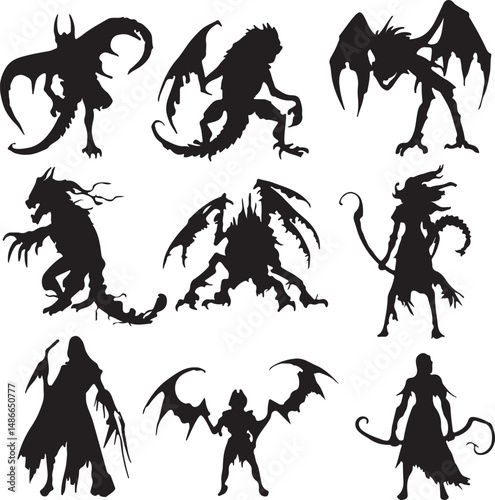 Monster Silhouettes: Dark Fantasy Creatures, Winged Demons, Shadows