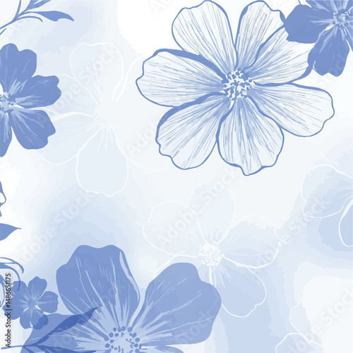 A floral pattern with blue and white flowers on a soft, blurred background. The flowers have detailed linework, giving them a delicate, airy feel.