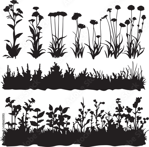 Silhouette Wildflower and Grass Clipart Collection, Black and White