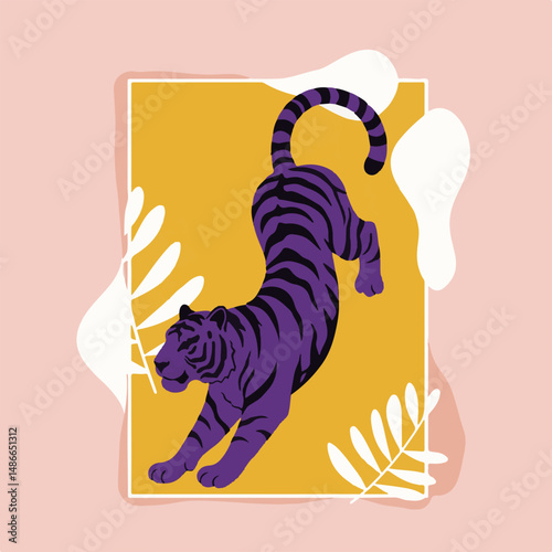 Stylized illustration of a purple tiger with black stripes against a yellow background, framed by white shapes and leaves. The background is a light pink tone.