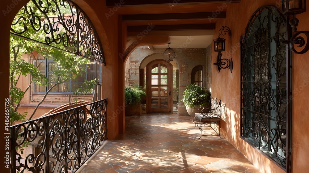 Fototapeta premium Relax on a Veranda Featuring Wrought Iron Wall Accents, Terracotta Tiles and Lush Potted Plants