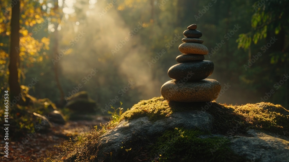 Obraz premium Balanced stones in misty forest sunlight nature photography
