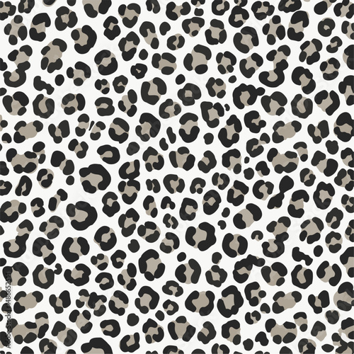 A seamless, repeating pattern of leopard spots in black and gray on a white background. The spots vary in size and orientation creating a dense, animalistic design.